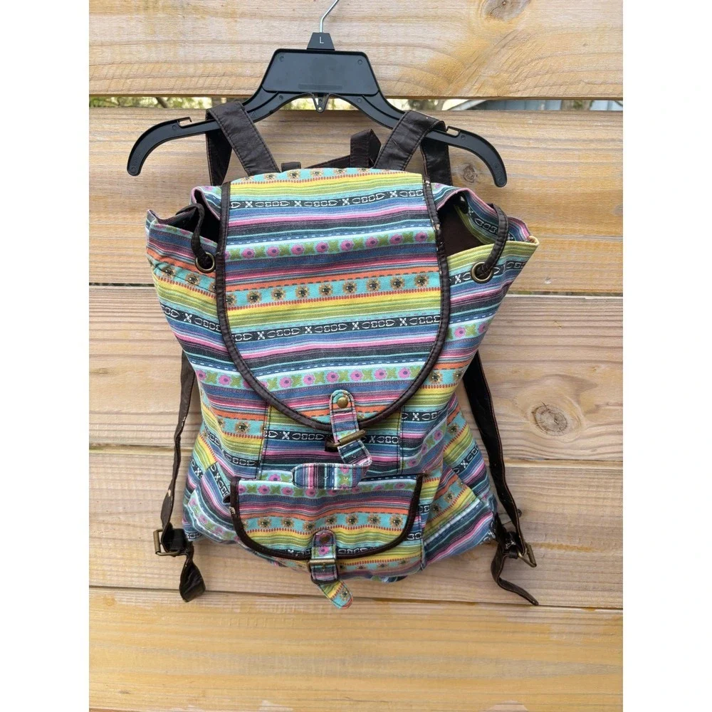 Forever 21 Boho Striped Canvas Backpack Multi Color Floral Embroidered Buckle